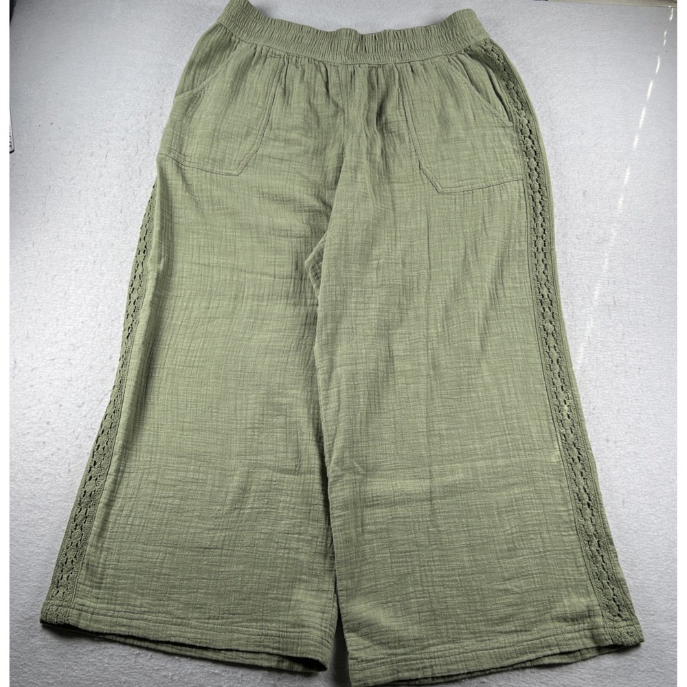 Aerie Women's Size XL Smocked Waist Wide Leg Pants Olive Gauze Lace Trim